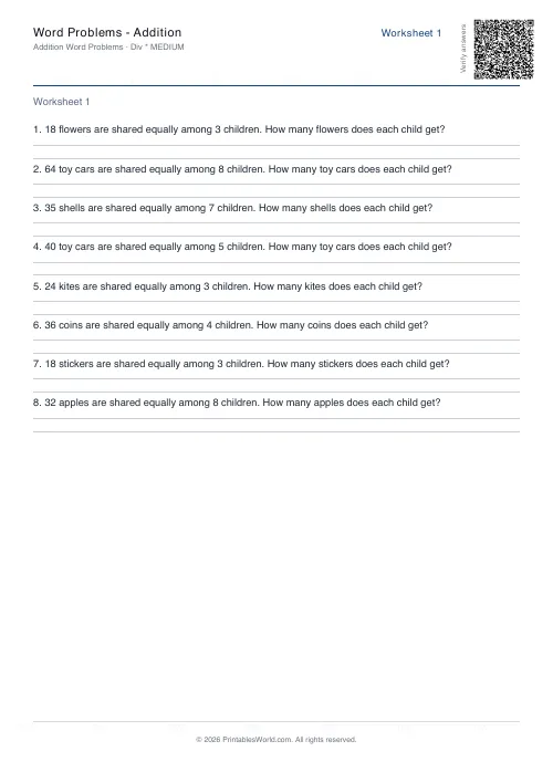 Free printable math word problems worksheet — Division — PDF download