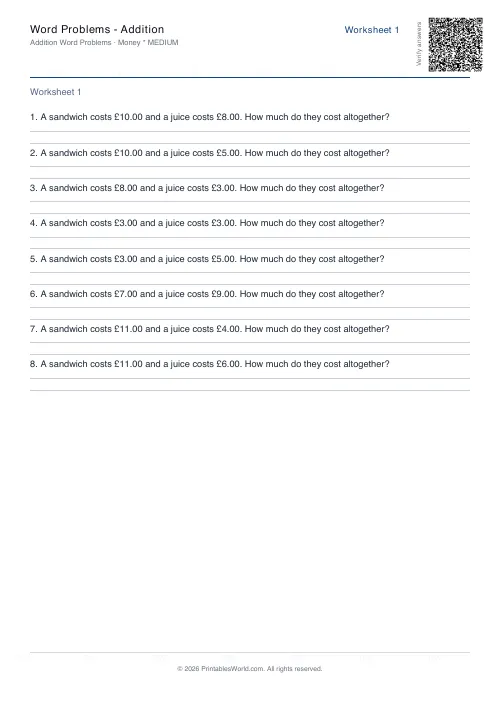 Free printable math word problems worksheet — Money — PDF download