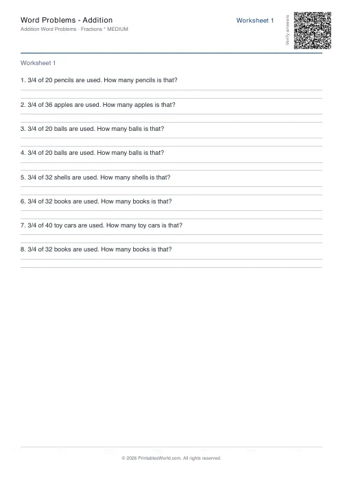 Free printable math word problems worksheet — Fractions — PDF download