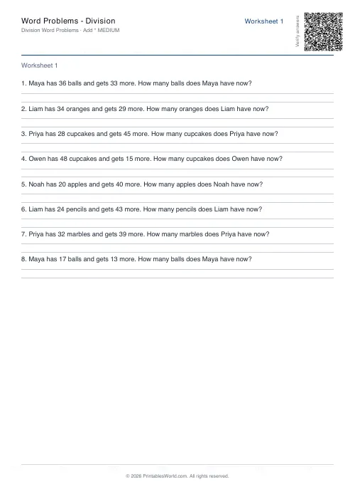 Free printable math word problems worksheet — Addition — PDF download