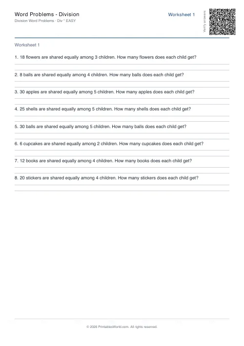 Free printable math word problems worksheet — Easy — PDF download