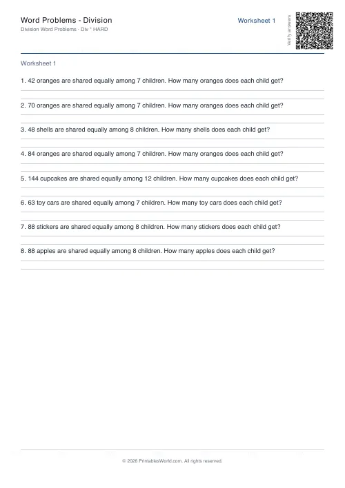 Free printable math word problems worksheet — Hard — PDF download