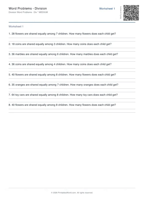 Free printable math word problems worksheet — Division — PDF download
