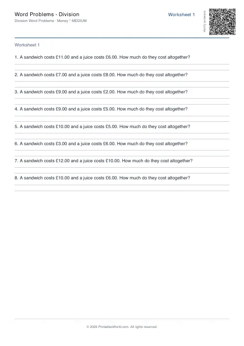 Free printable math word problems worksheet — Money — PDF download