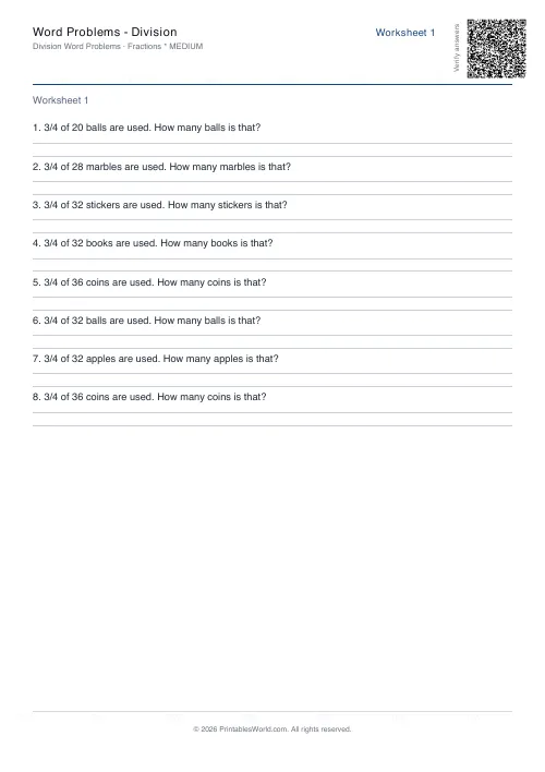 Free printable math word problems worksheet — Fractions — PDF download