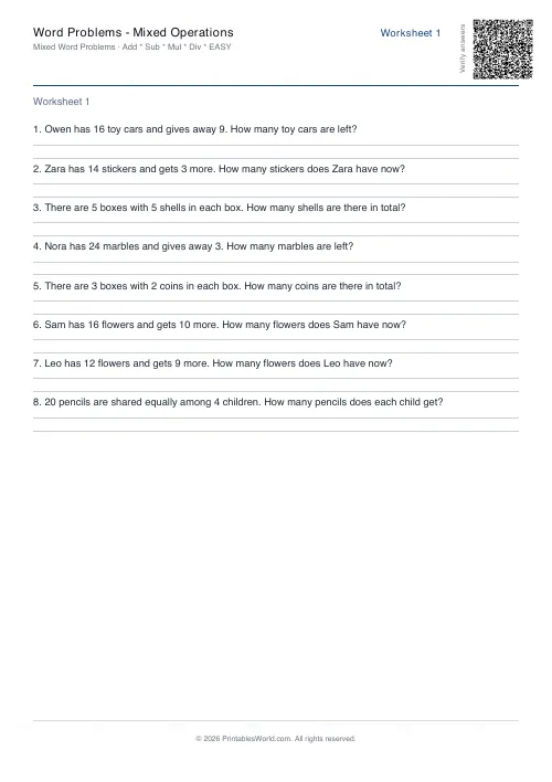 Free printable math word problems worksheet — Easy — PDF download