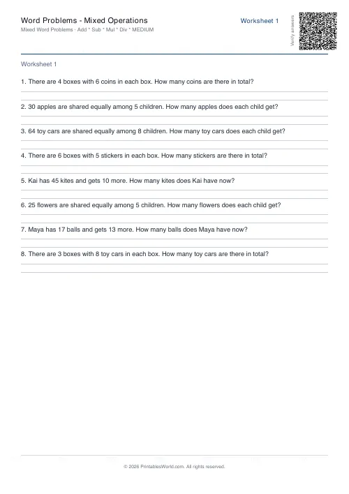 Free printable math word problems worksheet — Medium — PDF download