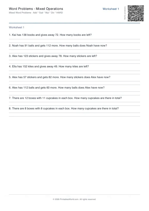Free printable math word problems worksheet — Hard — PDF download