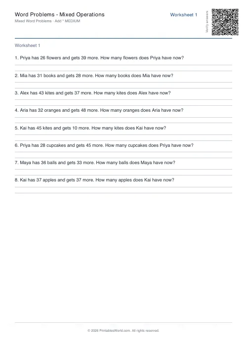 Free printable math word problems worksheet — Addition, with answer key — PDF download