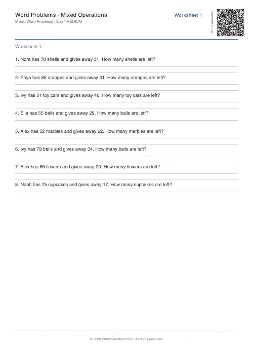 Free printable math word problems worksheet — Subtraction — PDF download