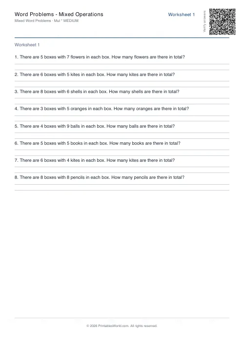 Free printable math word problems worksheet — Multiplication — PDF download