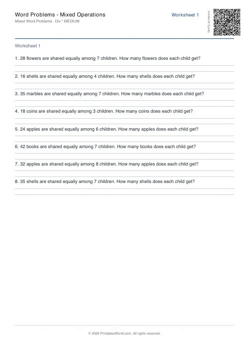 Free printable math word problems worksheet — Division — PDF download