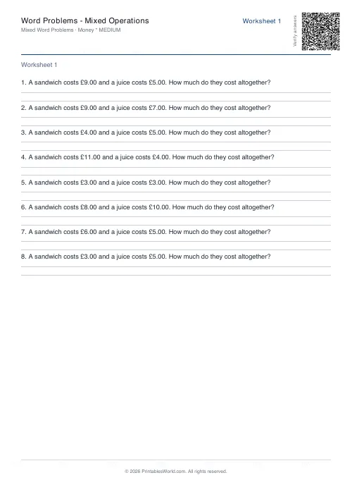 Free printable math word problems worksheet — Money — PDF download