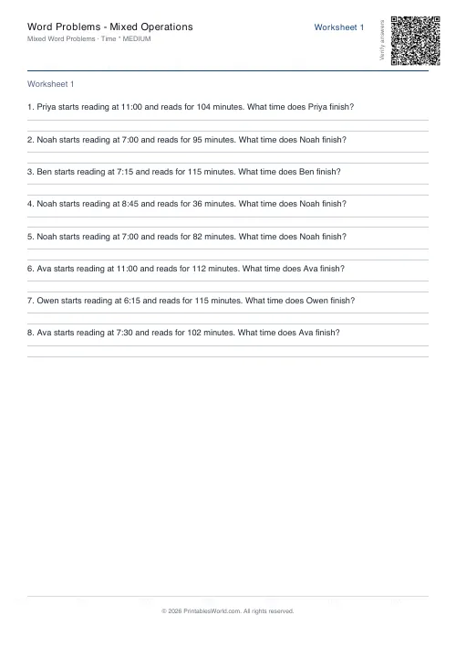 Free printable math word problems worksheet — Time — PDF download