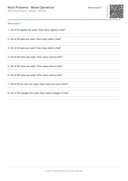 Free printable math word problems worksheet — Fractions — PDF download