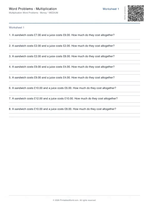 Free printable math word problems worksheet — Money — PDF download