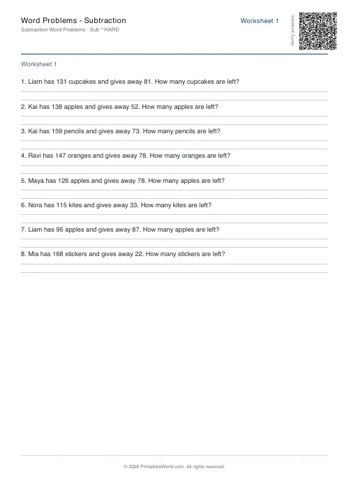 Free printable math word problems worksheet — Hard — PDF download