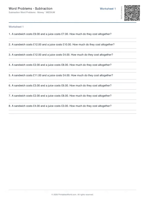 Free printable math word problems worksheet — Money — PDF download