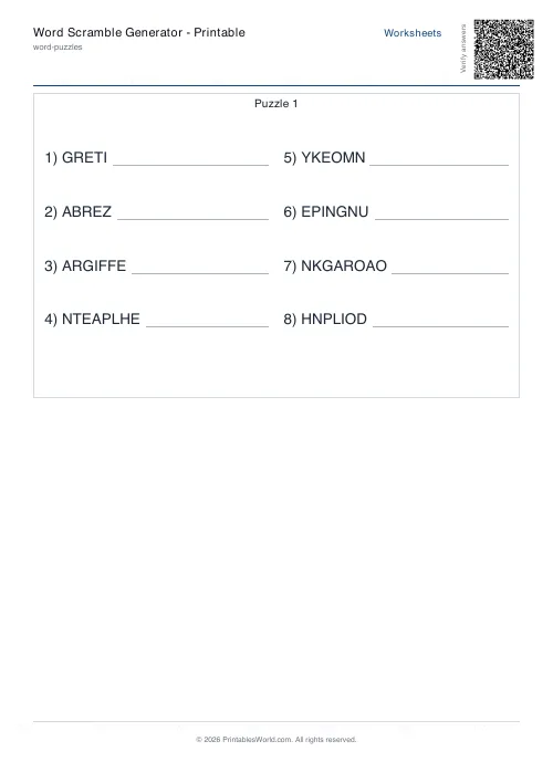 Free printable word scramble worksheet — Medium, with answer key — PDF download