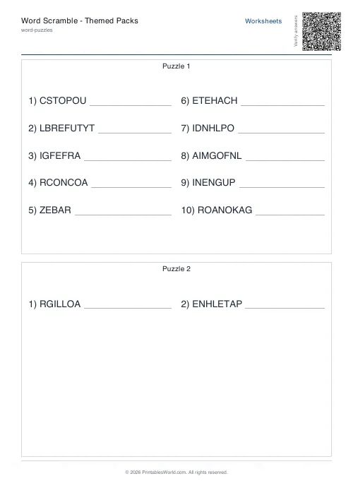 Free printable word scramble worksheet — Easy — PDF download