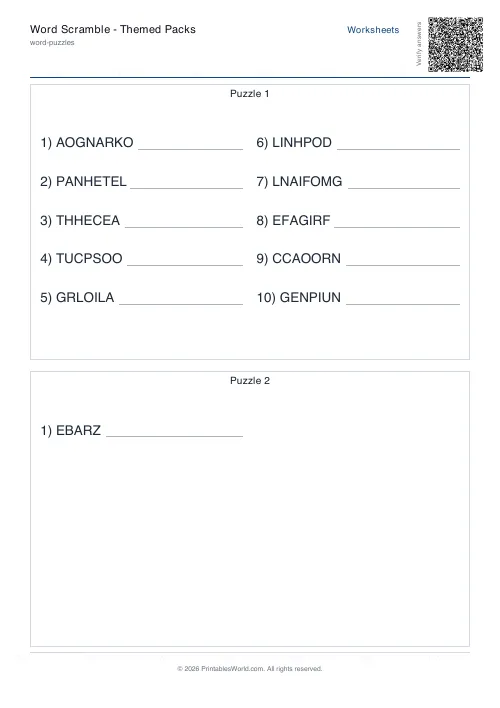 Free printable word scramble worksheet — 15 words, with answer key — PDF download