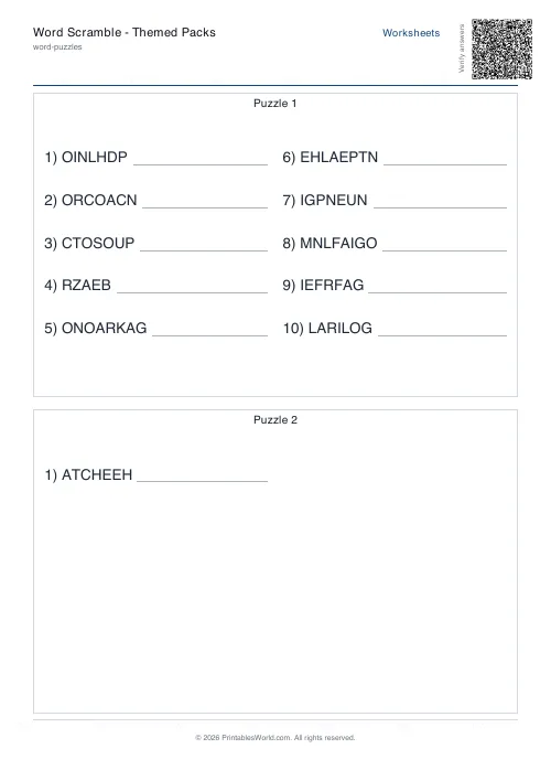 Free printable word scramble worksheet — Medium — PDF download