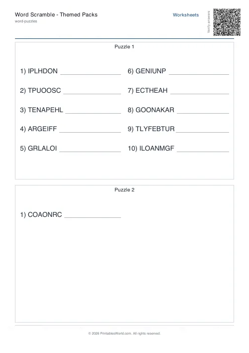 Free printable word scramble worksheet — Hard — PDF download