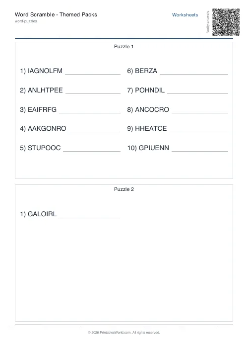 Free printable word scramble worksheet — 15 words — PDF download