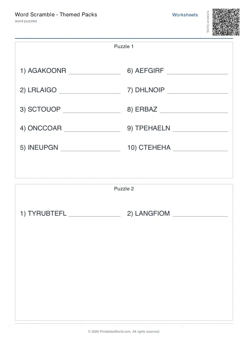 Free printable word scramble worksheet — Easy, with answer key — PDF download