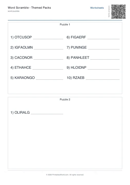Free printable word scramble worksheet — Medium, with answer key — PDF download