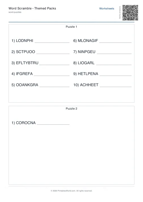 Free printable word scramble worksheet — Hard, with answer key — PDF download