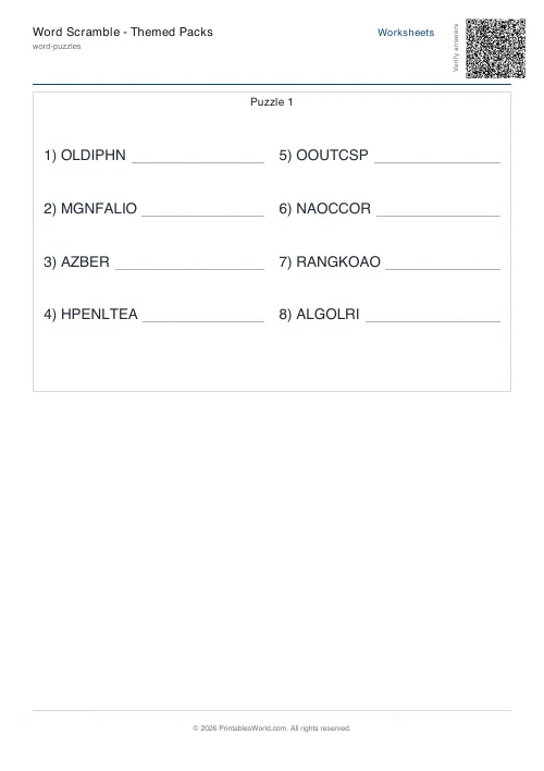 Free printable word scramble worksheet — 8 words, with answer key — PDF download