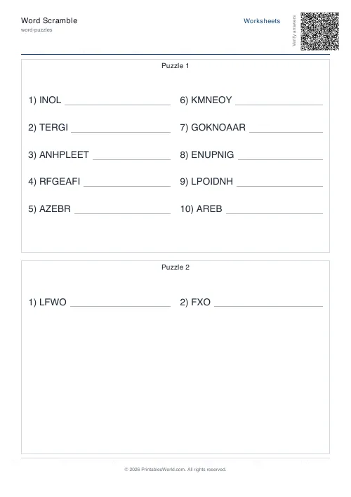 Free printable word scramble worksheet — 15 words, with answer key — PDF download