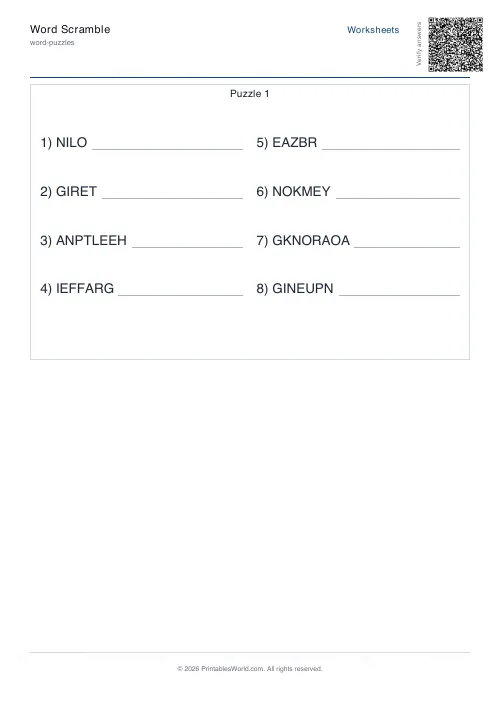 Free printable word scramble worksheet — 8 words — PDF download