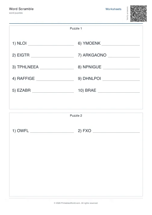 Free printable word scramble worksheet — 15 words — PDF download