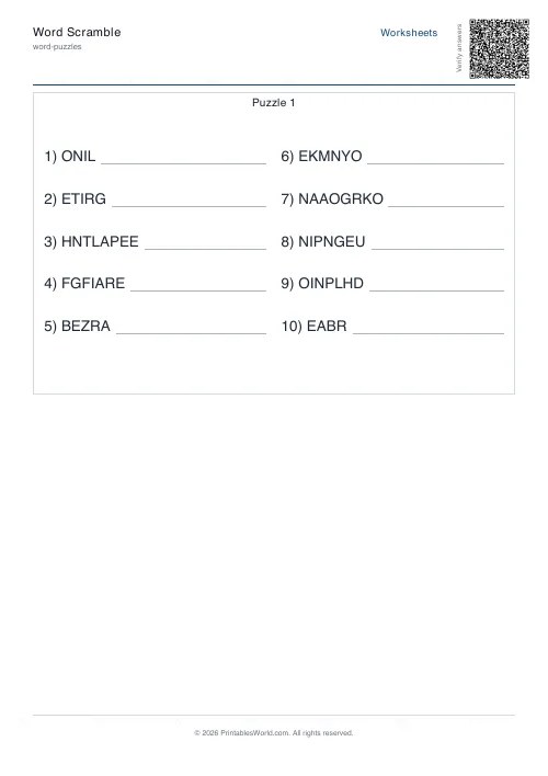 Free printable word scramble worksheet — Medium, with answer key — PDF download