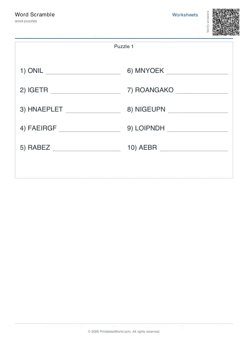 Free printable word scramble worksheet — Hard, with answer key — PDF download