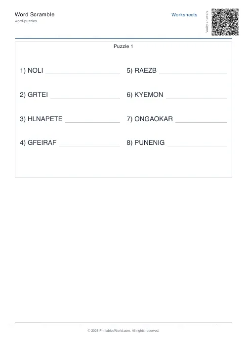 Free printable word scramble worksheet — 8 words, with answer key — PDF download