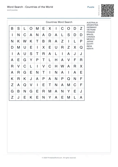 Free printable word search puzzle — 12x12, with answer key — PDF download