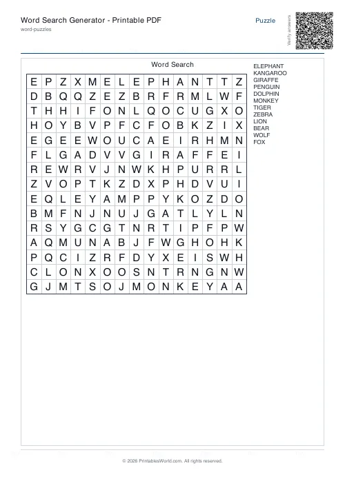 Free printable word search puzzle — Forwards only, with answer key — PDF download