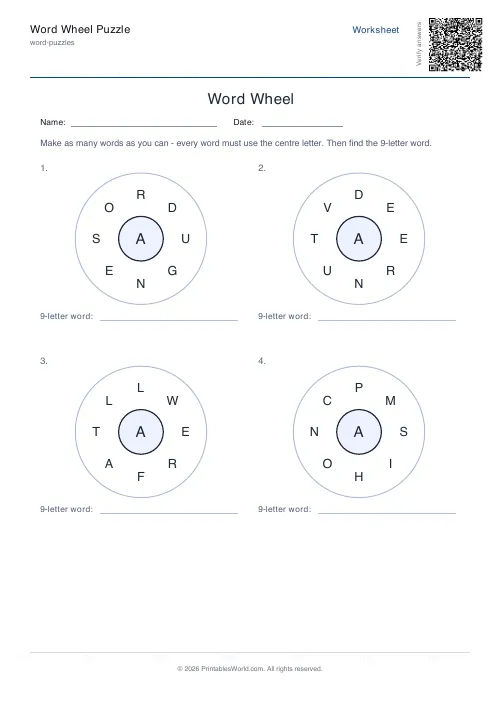 Free printable word wheel puzzle — 4 wheels — PDF download