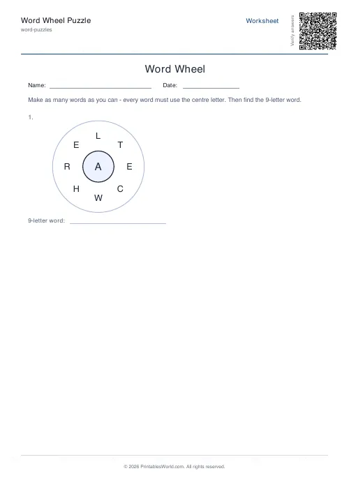 Free printable word wheel puzzle — 1 wheel, with answer key — PDF download