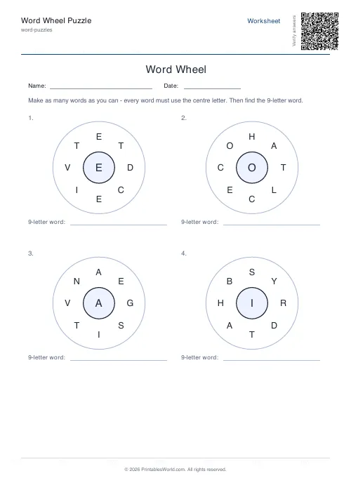 Free printable word wheel puzzle — 4 wheels, with answer key — PDF download