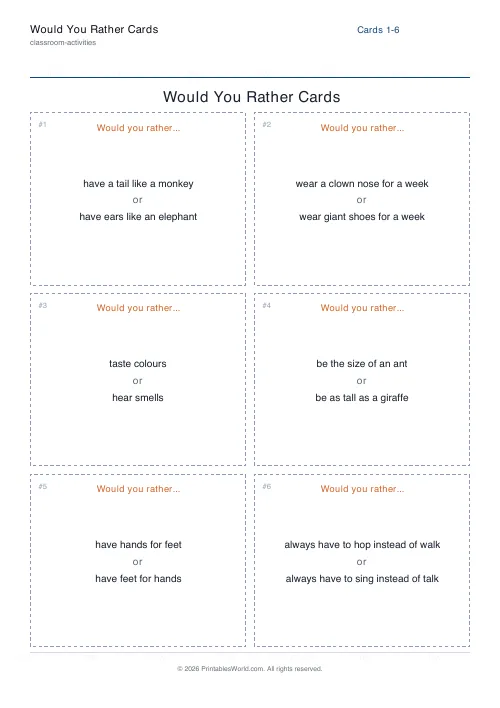Free printable would-you-rather cards — Silly — PDF download