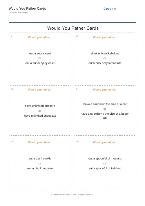 Free printable would-you-rather cards — Food — PDF download