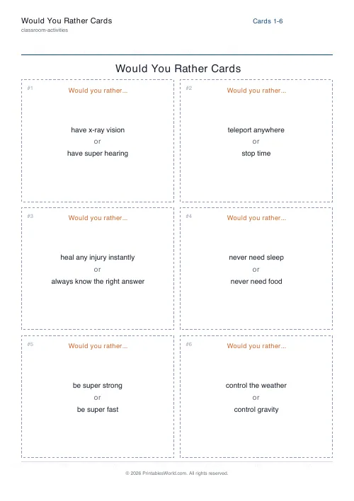 Free printable would-you-rather cards — Superpowers — PDF download