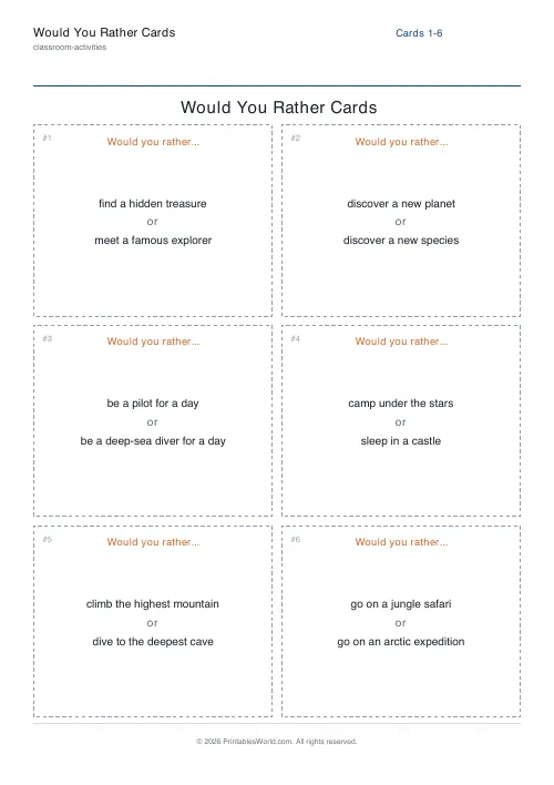 Free printable would-you-rather cards — Adventure — PDF download